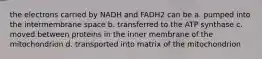 the electrons carried by NADH and FADH2 can be a. pumped into the intermembrane space b. transferred to the ATP synthase c. moved between proteins in the inner membrane of the mitochondrion d. transported into matrix of the mitochondrion