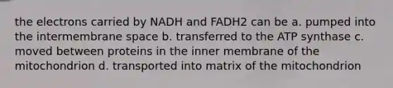 the electrons carried by NADH and FADH2 can be a. pumped into the intermembrane space b. transferred to the ATP synthase c. moved between proteins in the inner membrane of the mitochondrion d. transported into matrix of the mitochondrion