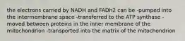 the electrons carried by NADH and FADh2 can be -pumped into the intermembrane space -transferred to the ATP synthase -moved between proteins in the inner membrane of the mitochondrion -transported into the matrix of the mitochondrion