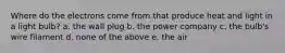 Where do the electrons come from that produce heat and light in a light bulb? a. the wall plug b. the power company c. the bulb's wire filament d. none of the above e. the air