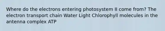 Where do the electrons entering photosystem II come from? The electron transport chain Water Light Chlorophyll molecules in the antenna complex ATP