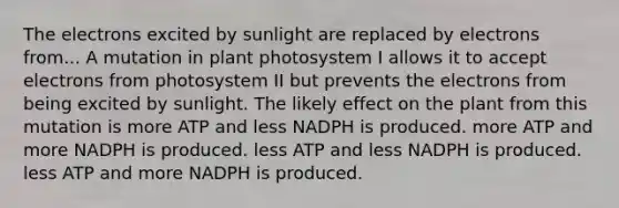 The electrons excited by sunlight are replaced by electrons from... A mutation in plant photosystem I allows it to accept electrons from photosystem II but prevents the electrons from being excited by sunlight. The likely effect on the plant from this mutation is more ATP and less NADPH is produced. more ATP and more NADPH is produced. less ATP and less NADPH is produced. less ATP and more NADPH is produced.