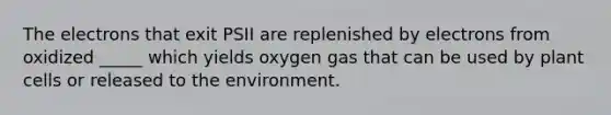 The electrons that exit PSII are replenished by electrons from oxidized _____ which yields oxygen gas that can be used by plant cells or released to the environment.