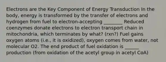 Electrons are the Key Component of Energy Transduction In the body, energy is transformed by the transfer of electrons and hydrogen from fuel to electron-accepting ________ Reduced coenzymes donate electrons to electron transport chain in mitochondria, which terminates by what? (rxn?) Fuel gains oxygen atoms (i.e., it is oxidized), oxygen comes from water, not molecular O2. The end product of fuel oxidation is ______ production (from oxidation of the acetyl group in acetyl CoA)