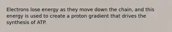 Electrons lose energy as they move down the chain, and this energy is used to create a proton gradient that drives the synthesis of ATP.