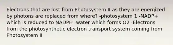 Electrons that are lost from Photosystem II as they are energized by photons are replaced from where? -photosystem 1 -NADP+ which is reduced to NADPH -water which forms O2 -Electrons from the photosynthetic electron transport system coming from Photosystem II