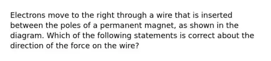 Electrons move to the right through a wire that is inserted between the poles of a permanent magnet, as shown in the diagram. Which of the following statements is correct about the direction of the force on the wire?