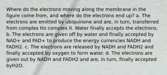 Where do the electrons moving along the membrane in the figure come from, and where do the electrons end up? a. The electrons are emitted by ubiquinone and are, in turn, transferred from complex Ito complex II. Water finally accepts the electrons. b. The electrons are given off by water and finally accepted by NAD+ and FAD+ to produce the energy currencies NADH and FADH2. c. The electrons are released by NADH and FADH2 and finally accepted by oxygen to form water. d. The electrons are given out by NADH and FADH2 and are, in turn, finally accepted byH2O.