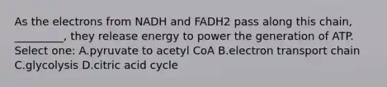 As the electrons from NADH and FADH2 pass along this chain, _________, they release energy to power the generation of ATP. Select one: A.pyruvate to acetyl CoA B.electron transport chain C.glycolysis D.citric acid cycle