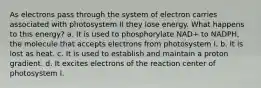 As electrons pass through the system of electron carries associated with photosystem II they lose energy. What happens to this energy? a. It is used to phosphorylate NAD+ to NADPH, the molecule that accepts electrons from photosystem I. b. It is lost as heat. c. It is used to establish and maintain a proton gradient. d. It excites electrons of the reaction center of photosystem I.