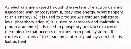 As electrons are passed through the system of electron carriers associated with photosystem II, they lose energy. What happens to this energy? a) it is used to produce ATP through substrate-level phosphorylation b) it is used to establish and maintain a proton gradient c) it is used to phosphorylate NAD+ to NADP+, the molecule that accepts electrons from photosystem I d) it excites electrons of the reaction center of photosystem I e) it is lost as heat