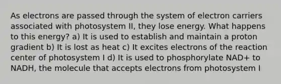 As electrons are passed through the system of electron carriers associated with photosystem II, they lose energy. What happens to this energy? a) It is used to establish and maintain a proton gradient b) It is lost as heat c) It excites electrons of the reaction center of photosystem I d) It is used to phosphorylate NAD+ to NADH, the molecule that accepts electrons from photosystem I