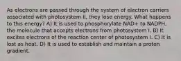 As electrons are passed through the system of electron carriers associated with photosystem II, they lose energy. What happens to this energy? A) It is used to phosphorylate NAD+ to NADPH, the molecule that accepts electrons from photosystem I. B) It excites electrons of the reaction center of photosystem I. C) It is lost as heat. D) It is used to establish and maintain a proton gradient.