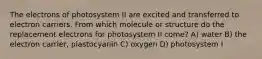 The electrons of photosystem II are excited and transferred to electron carriers. From which molecule or structure do the replacement electrons for photosystem II come? A) water B) the electron carrier, plastocyanin C) oxygen D) photosystem I