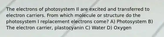 The electrons of photosystem Il are excited and transferred to electron carriers. From which molecule or structure do the photosystem I replacement electrons come? A) Photosystem B) The electron carrier, plastocyanin C) Water D) Oxygen