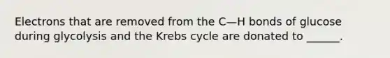 Electrons that are removed from the C—H bonds of glucose during glycolysis and the <a href='https://www.questionai.com/knowledge/kqfW58SNl2-krebs-cycle' class='anchor-knowledge'>krebs cycle</a> are donated to ______.