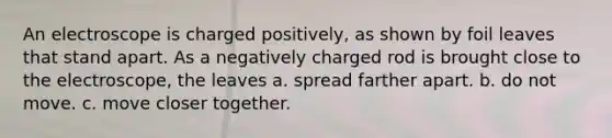 An electroscope is charged positively, as shown by foil leaves that stand apart. As a negatively charged rod is brought close to the electroscope, the leaves a. spread farther apart. b. do not move. c. move closer together.