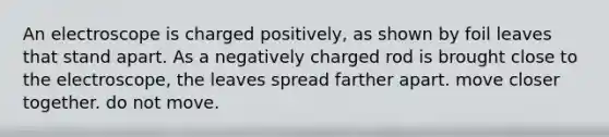 An electroscope is charged positively, as shown by foil leaves that stand apart. As a negatively charged rod is brought close to the electroscope, the leaves spread farther apart. move closer together. do not move.