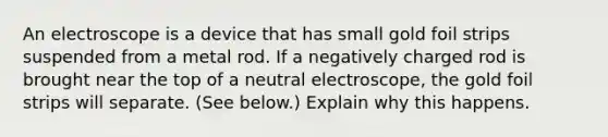 An electroscope is a device that has small gold foil strips suspended from a metal rod. If a negatively charged rod is brought near the top of a neutral electroscope, the gold foil strips will separate. (See below.) Explain why this happens.