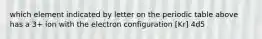 which element indicated by letter on the periodic table above has a 3+ ion with the electron configuration [Kr] 4d5