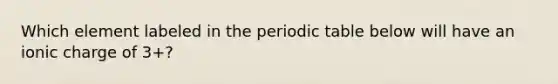 Which element labeled in the periodic table below will have an ionic charge of 3+?