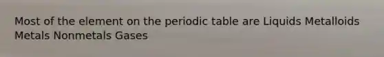 Most of the element on <a href='https://www.questionai.com/knowledge/kIrBULvFQz-the-periodic-table' class='anchor-knowledge'>the periodic table</a> are Liquids Metalloids Metals Nonmetals Gases