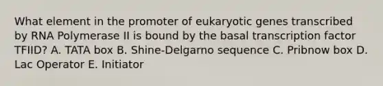 What element in the promoter of eukaryotic genes transcribed by RNA Polymerase II is bound by the basal transcription factor TFIID? A. TATA box B. Shine-Delgarno sequence C. Pribnow box D. Lac Operator E. Initiator