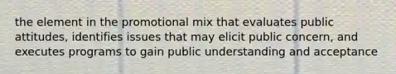 the element in the promotional mix that evaluates public attitudes, identifies issues that may elicit public concern, and executes programs to gain public understanding and acceptance