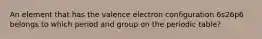 An element that has the valence electron configuration 6s26p6 belongs to which period and group on the periodic table?