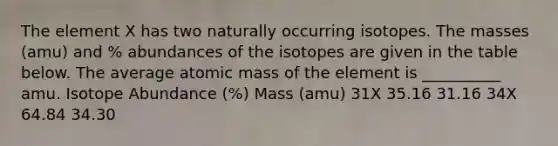 The element X has two naturally occurring isotopes. The masses (amu) and % abundances of the isotopes are given in the table below. The average atomic mass of the element is __________ amu. Isotope Abundance (%) Mass (amu) 31X 35.16 31.16 34X 64.84 34.30