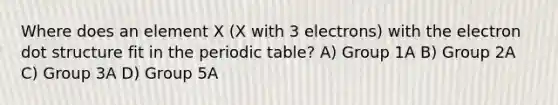 Where does an element X (X with 3 electrons) with the electron dot structure fit in <a href='https://www.questionai.com/knowledge/kIrBULvFQz-the-periodic-table' class='anchor-knowledge'>the periodic table</a>? A) Group 1A B) Group 2A C) Group 3A D) Group 5A