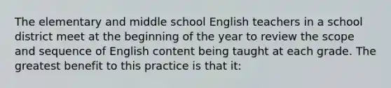 The elementary and middle school English teachers in a school district meet at the beginning of the year to review the scope and sequence of English content being taught at each grade. The greatest benefit to this practice is that it: