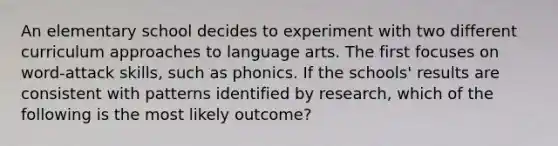 An elementary school decides to experiment with two different curriculum approaches to language arts. The first focuses on word-attack skills, such as phonics. If the schools' results are consistent with patterns identified by research, which of the following is the most likely outcome?