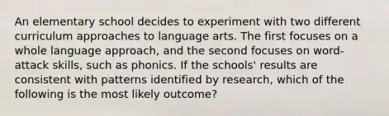 An elementary school decides to experiment with two different curriculum approaches to language arts. The first focuses on a whole language approach, and the second focuses on word-attack skills, such as phonics. If the schools' results are consistent with patterns identified by research, which of the following is the most likely outcome?