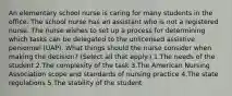 An elementary school nurse is caring for many students in the office. The school nurse has an assistant who is not a registered nurse. The nurse wishes to set up a process for determining which tasks can be delegated to the unlicensed assistive personnel (UAP). What things should the nurse consider when making the decision? (Select all that apply.) 1.The needs of the student 2.The complexity of the task 3.The American Nursing Association scope and standards of nursing practice 4.The state regulations 5.The stability of the student