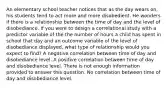 An elementary school teacher notices that as the day wears on, his students tend to act more and more disobedient. He wonders if there is a relationship between the time of day and the level of disobediance. If you were to design a correlational study with a predictor variable of the the number of hours a child has spent in school that day and an outcome variable of the level of disobediance displayed, what type of relationship would you expect to find? A negative correlation between time of day and disobediance level. A positive correlation between time of day and disobediance level. There is not enough information provided to answer this question. No correlation between time of day and disobediance level.