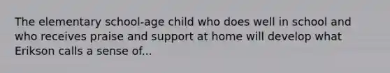 The elementary school-age child who does well in school and who receives praise and support at home will develop what Erikson calls a sense of...