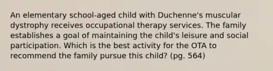 An elementary school-aged child with Duchenne's muscular dystrophy receives occupational therapy services. The family establishes a goal of maintaining the child's leisure and social participation. Which is the best activity for the OTA to recommend the family pursue this child? (pg. 564)