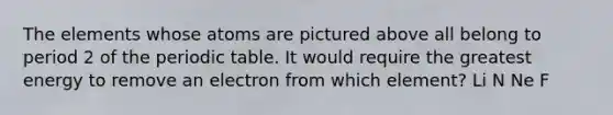 The elements whose atoms are pictured above all belong to period 2 of the periodic table. It would require the greatest energy to remove an electron from which element? Li N Ne F