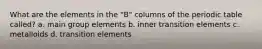 What are the elements in the "B" columns of the periodic table called? a. main group elements b. inner transition elements c. metalloids d. transition elements