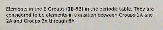 Elements in the B Groups (1B-8B) in <a href='https://www.questionai.com/knowledge/kIrBULvFQz-the-periodic-table' class='anchor-knowledge'>the periodic table</a>. They are considered to be elements in transition between Groups 1A and 2A and Groups 3A through 8A.