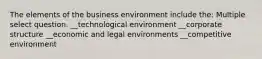 The elements of the business environment include the: Multiple select question. __technological environment __corporate structure __economic and legal environments __competitive environment