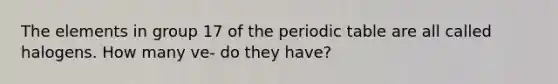 The elements in group 17 of <a href='https://www.questionai.com/knowledge/kIrBULvFQz-the-periodic-table' class='anchor-knowledge'>the periodic table</a> are all called halogens. How many ve- do they have?