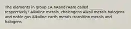 The elements in group 1A 6Aand7Aare called _______ respectively? Alkaline metals, chalcogens Alkali metals halogens and noble gas Alkaline earth metals transition metals and halogens