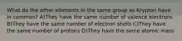 What do the other elements in the same group as Krypton have in common? A)They have the same number of valence electrons B)They have the same number of electron shells C)They have the same number of protons D)They have the same atomic mass