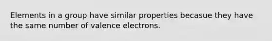 Elements in a group have similar properties becasue they have the same number of <a href='https://www.questionai.com/knowledge/knWZpHTJT4-valence-electrons' class='anchor-knowledge'>valence electrons</a>.