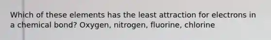 Which of these elements has the least attraction for electrons in a chemical bond? Oxygen, nitrogen, fluorine, chlorine