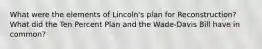 What were the elements of Lincoln's plan for Reconstruction? What did the Ten Percent Plan and the Wade-Davis Bill have in common?