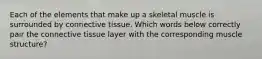 Each of the elements that make up a skeletal muscle is surrounded by connective tissue. Which words below correctly pair the connective tissue layer with the corresponding muscle structure?
