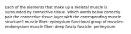 Each of the elements that make up a skeletal muscle is surrounded by connective tissue. Which words below correctly pair the connective tissue layer with the corresponding muscle structure? muscle fiber: epimysium functional group of muscles: endomysium muscle fiber: deep fascia fascicle: perimysium